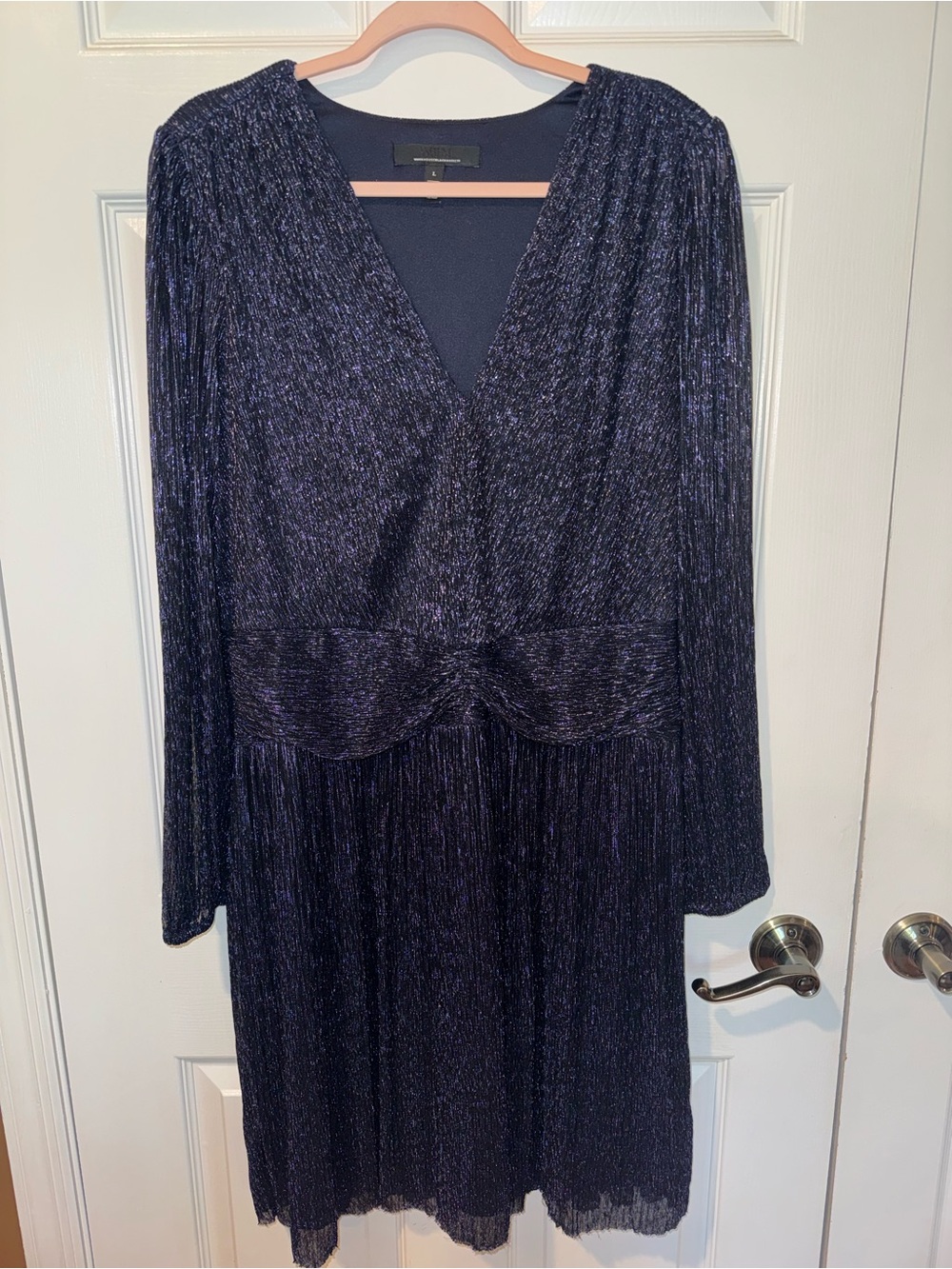 White House Black Market Navy Metallic Long Sleeve V-Neck Dress
